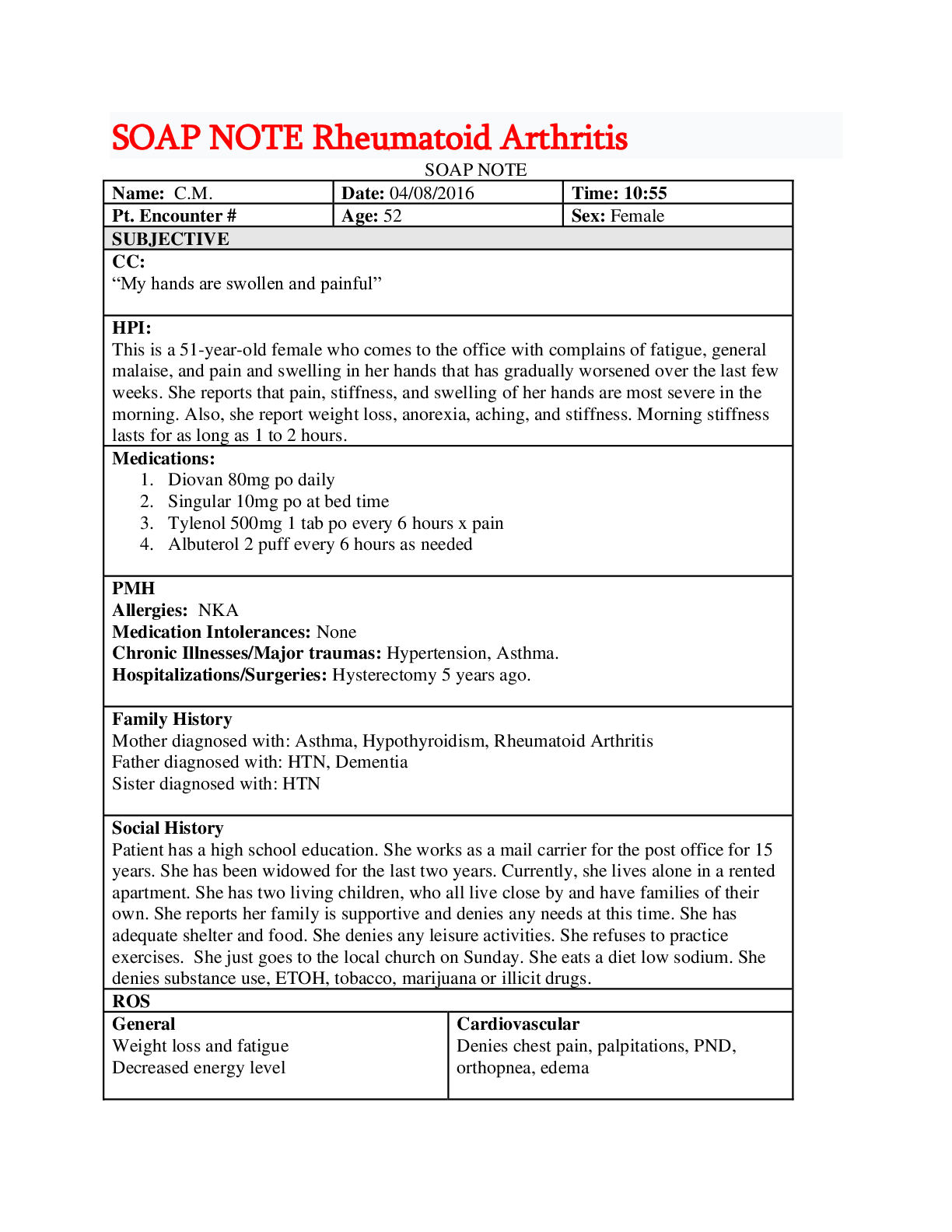 Preview image of SOAP NOTE Rheumatoid Arthritis document